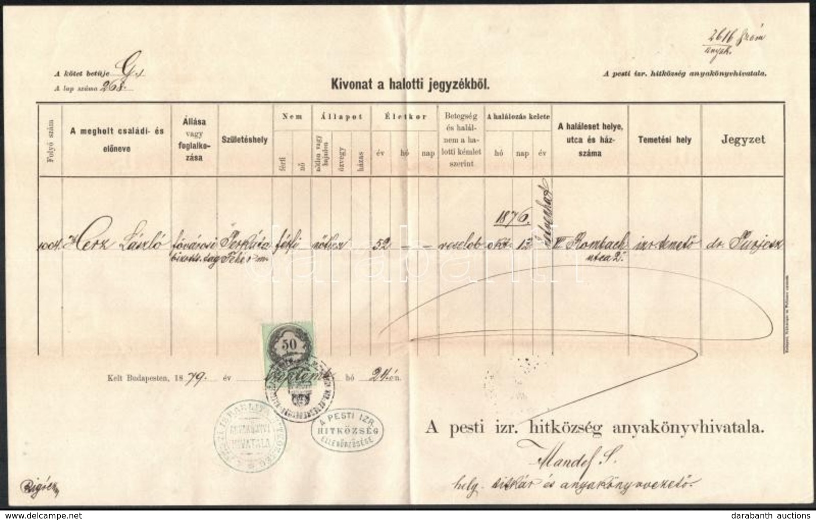 1879 Bp., Halotti Anyakönyvi Kivonat 50 Kr Okmánybélyeggel - Sonstige & Ohne Zuordnung