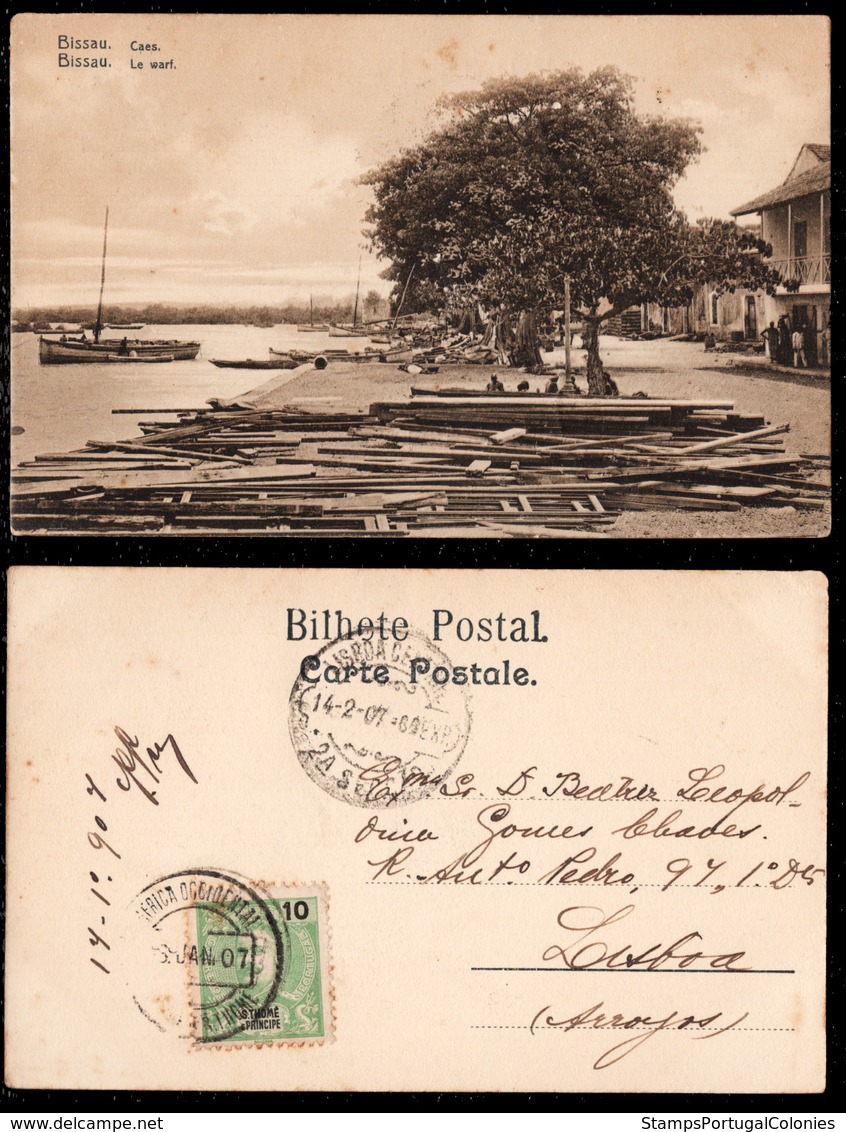 1907 - Portugal Guinea Bissau Postcard Circulated From S. Tomé To Lisbon. Bissau Wharf. Boats. 10r Stamp. - Guinea-Bissau