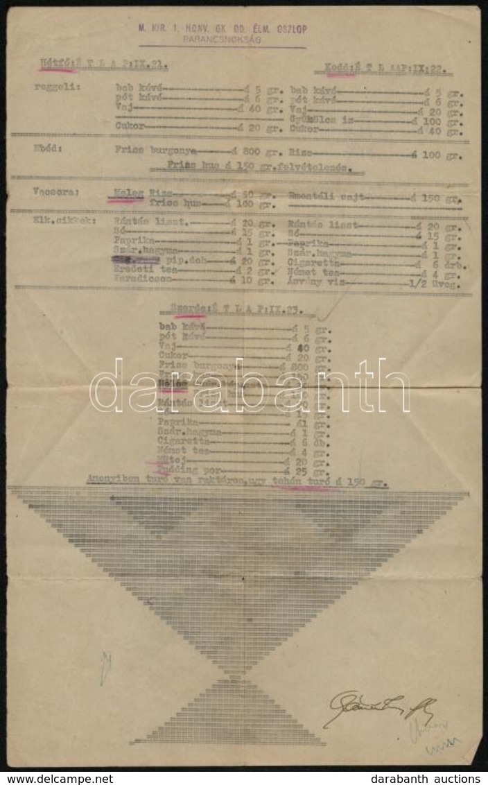 Cca 1940 M. Kir. Honvéd Gk Dd. élm Oszlop Napi étlap és Fejadag - Other & Unclassified