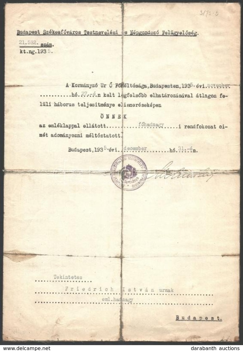 1935 A Budapest Székesfőváros Testnevelési és Népgondozó Felügyelőség által Katonai Főhadnagyi Rendfokozat Címet Adomány - Autres & Non Classés