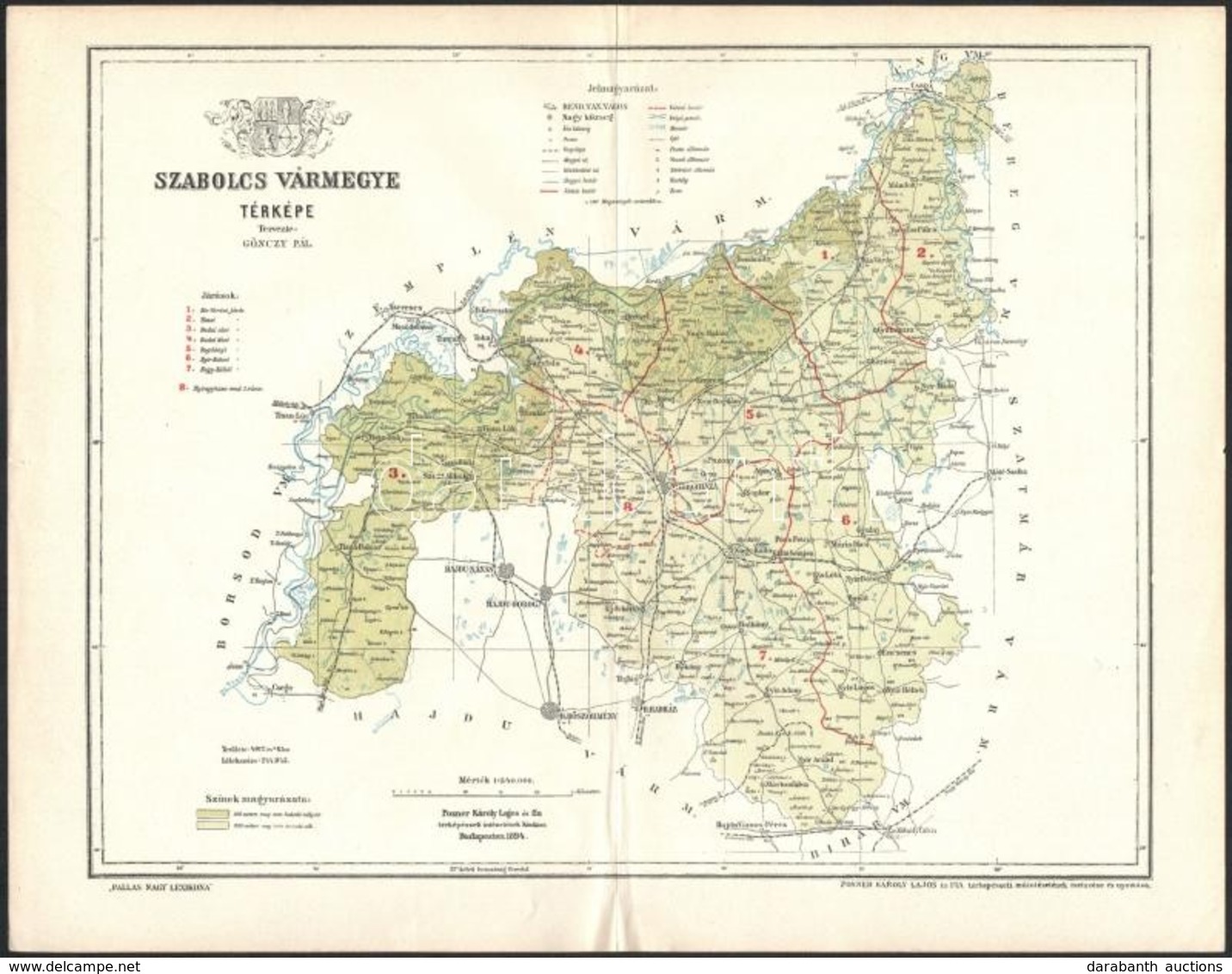 1894 Szabolcs Vármegye Térképe, Tervezte: Gönczy Pál, Kiadja: Posner Károlya Lajos és Fia, Kis Szakadással, 24×30 Cm - Other & Unclassified