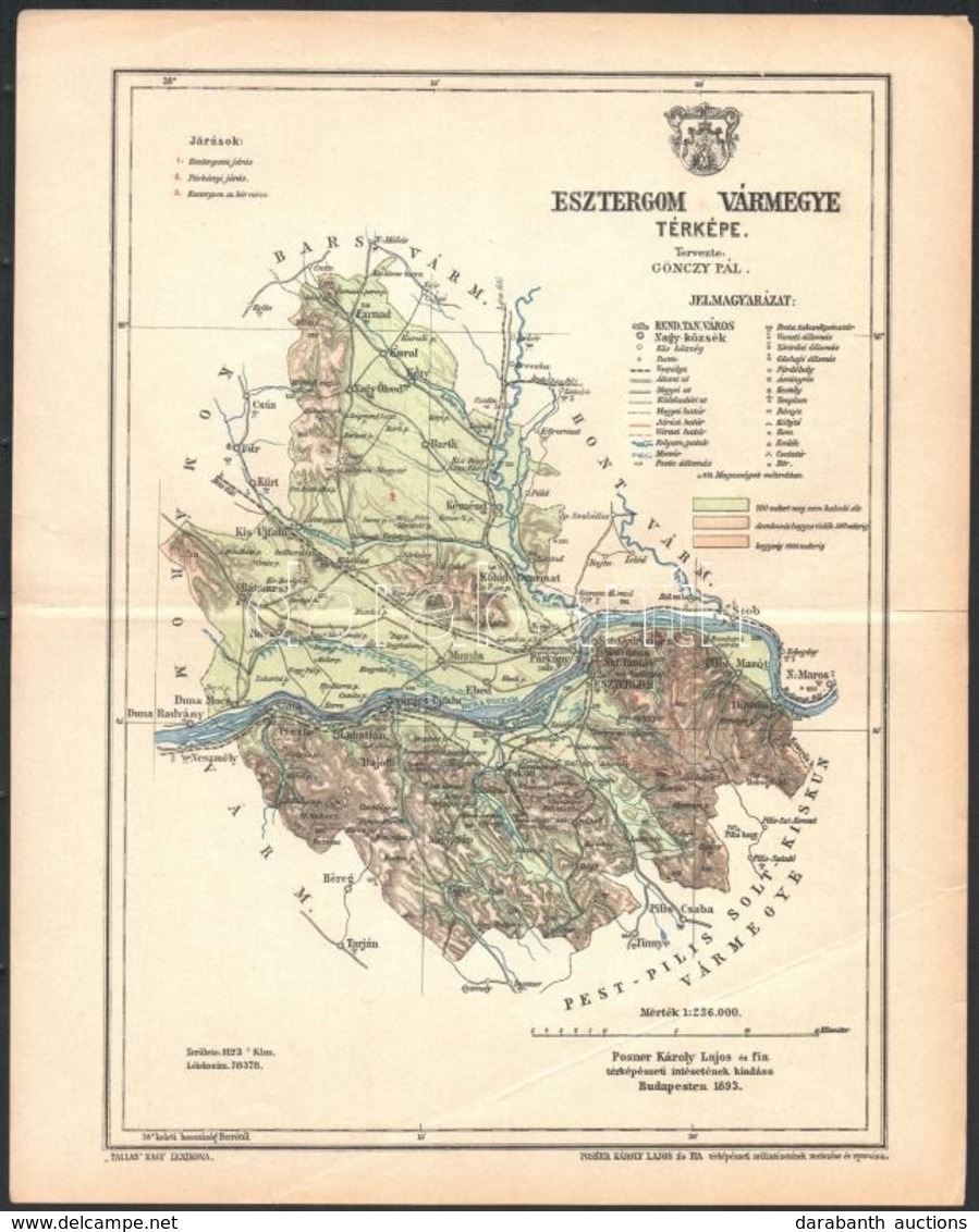 1893 Esztergom Vármegye Térképe, Tervezte: Gönczy Pál, Kiadja: Posner Károlya Lajos és Fia, Kis Szakadással, 30×24 Cm - Autres & Non Classés