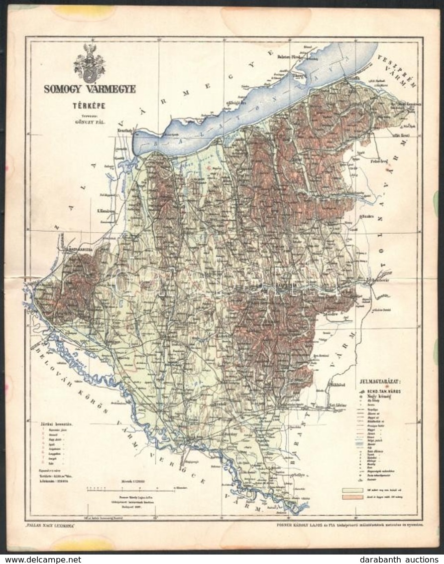 1897 Somogy Vármegye Térképe, Tervezte: Gönczy Pál, Kiadja: Posner Károlya Lajos és Fia, Kis Szakadással, 30×24 Cm - Sonstige & Ohne Zuordnung