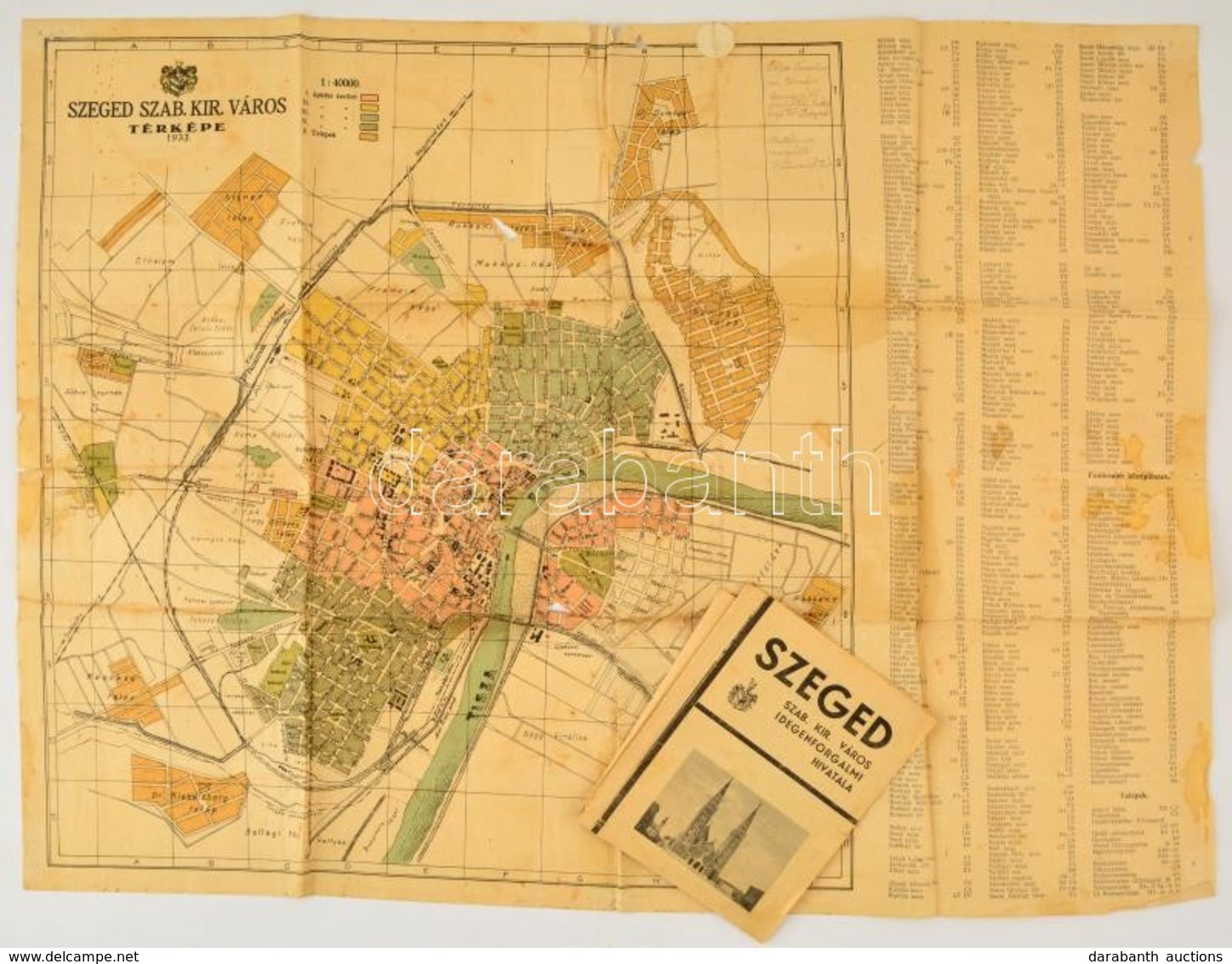 1933 Szeged Sza. Kir. Város Térképe 58x51 Cm + Egy Utazási Propektus - Sonstige & Ohne Zuordnung