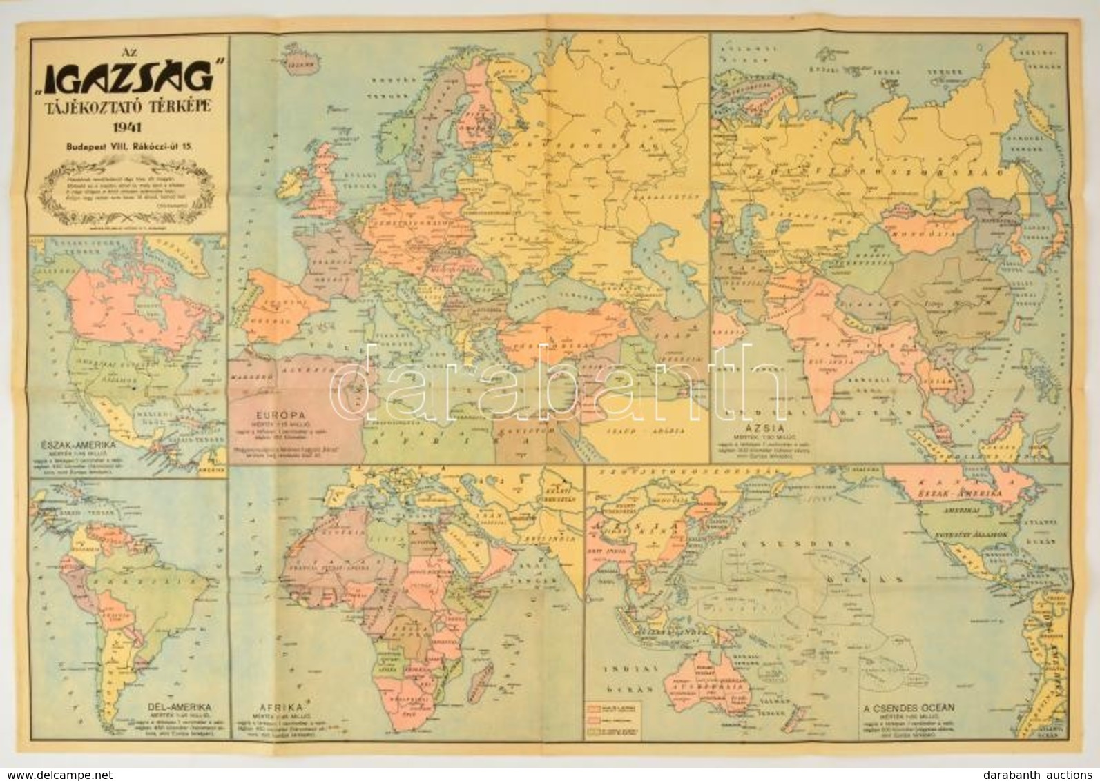 1941 Az Igazság Folyóirat Tájékoztató Térképegyüttese, Egy Lapon Európa, Ázsia, Észak-Amerika, Dél-Amerika Afrika és A C - Sonstige & Ohne Zuordnung