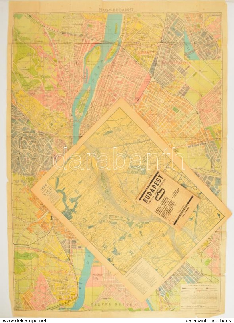 Cca 1940 3 Db Régi Budapest Térkép, Benne Cholnoky Jenő: Nagy-Budapest, 90x70 Cm - Other & Unclassified