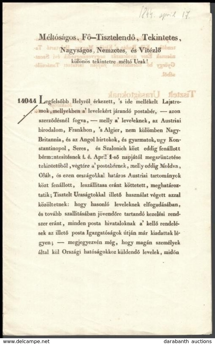 1844 Királyi Magyar Helytartótanács Irata A Postabérek Emelkedéséről - Non Classés