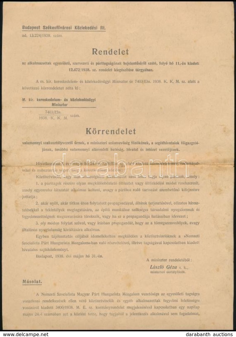 1938 A Nemzeti Szocialista Párt Hungarista Mozgalomban Való Párttagságot Köztisztviselők Számára Tiltó Körrendelet - Non Classés