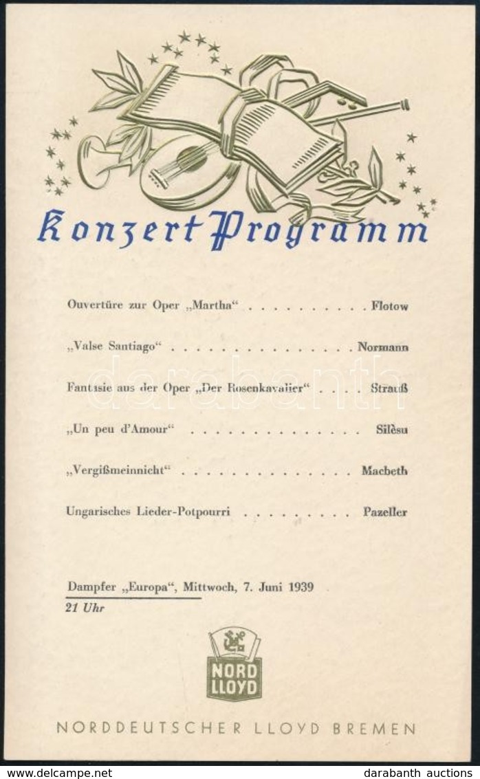 1939 Az Európa Gőzös (Norddeutscher Lloyd Bremen) Koncertjének Programja, Dombornyomott Díszítésű Kártya - Ohne Zuordnung