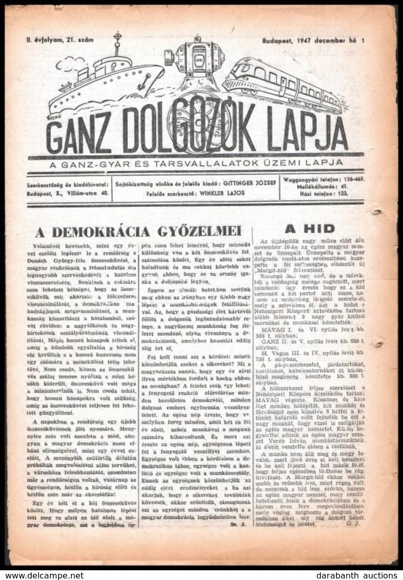 1947 Bp., Ganz Dolgozók Lapja, A Ganz-Gyár és Társvállalatok Üzemi Lapja II. évfolyam 21. Szám - Zonder Classificatie