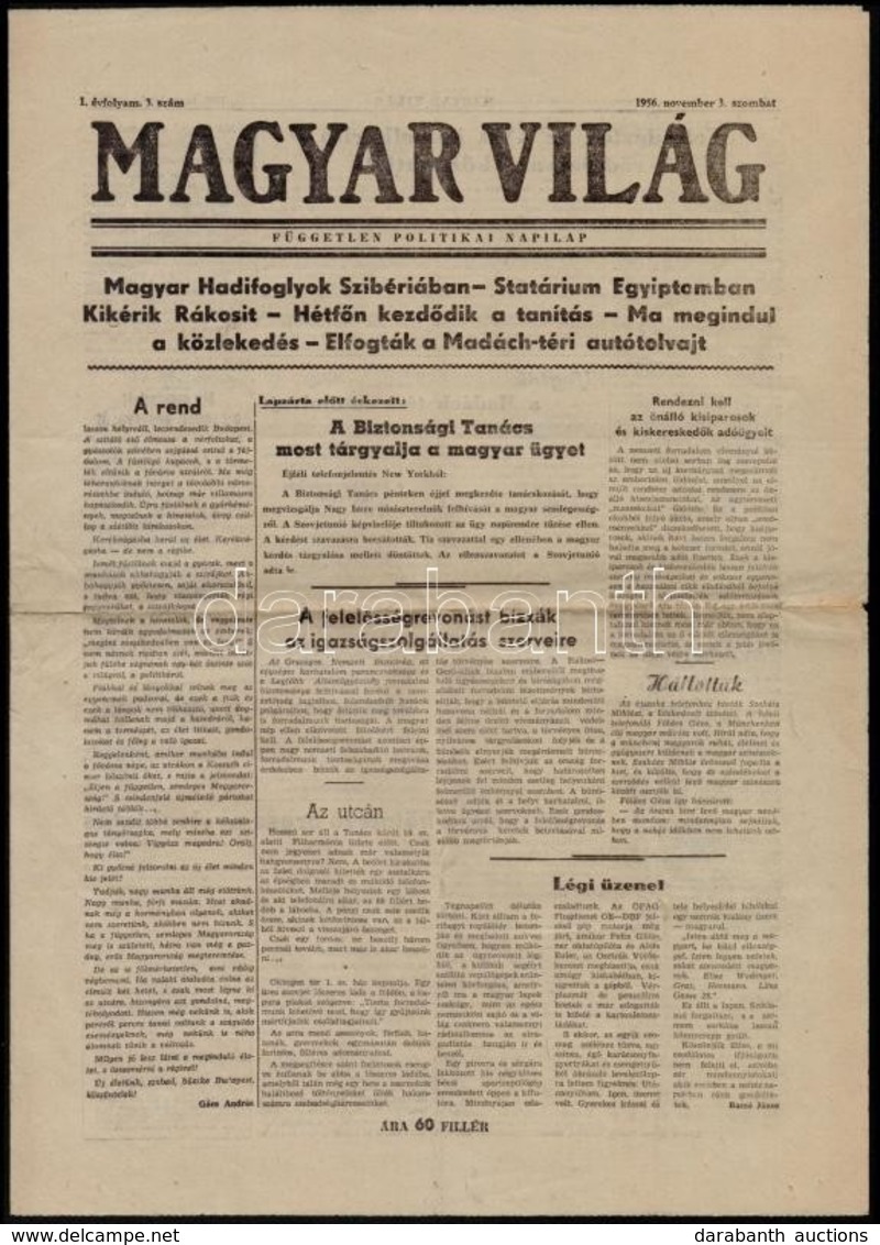 1956 Magyar Világ. I. évf. 3. Sz., 1956. November 3., Szerk.: Szolcsányi Ferenc, Bp., Egyetemi Nyomda, 4 P. - Ohne Zuordnung