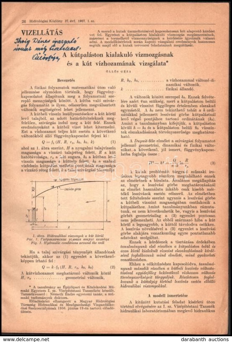 1957 Öllős Géza: A Kútpaláston Kialakuló Vízmozgásnak és A Kút Vízhozamának Vizsgálata. Különlenyomat A Hidrológiai Közl - Ohne Zuordnung