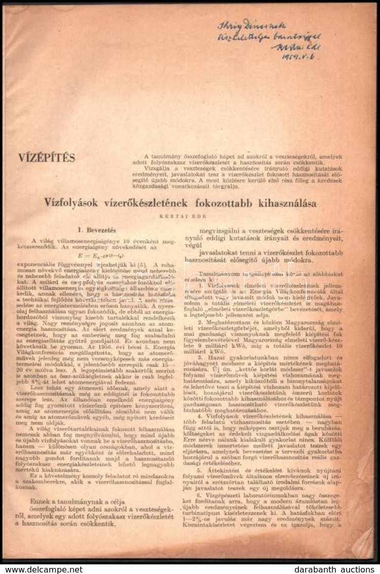 1958 Kertai Ede: Vízfolyások Vízerőkészletének Fokozottabb Kihasználása. Különlenyomat A Hidrológiai Közlöny 1958. 6. Sz - Non Classés