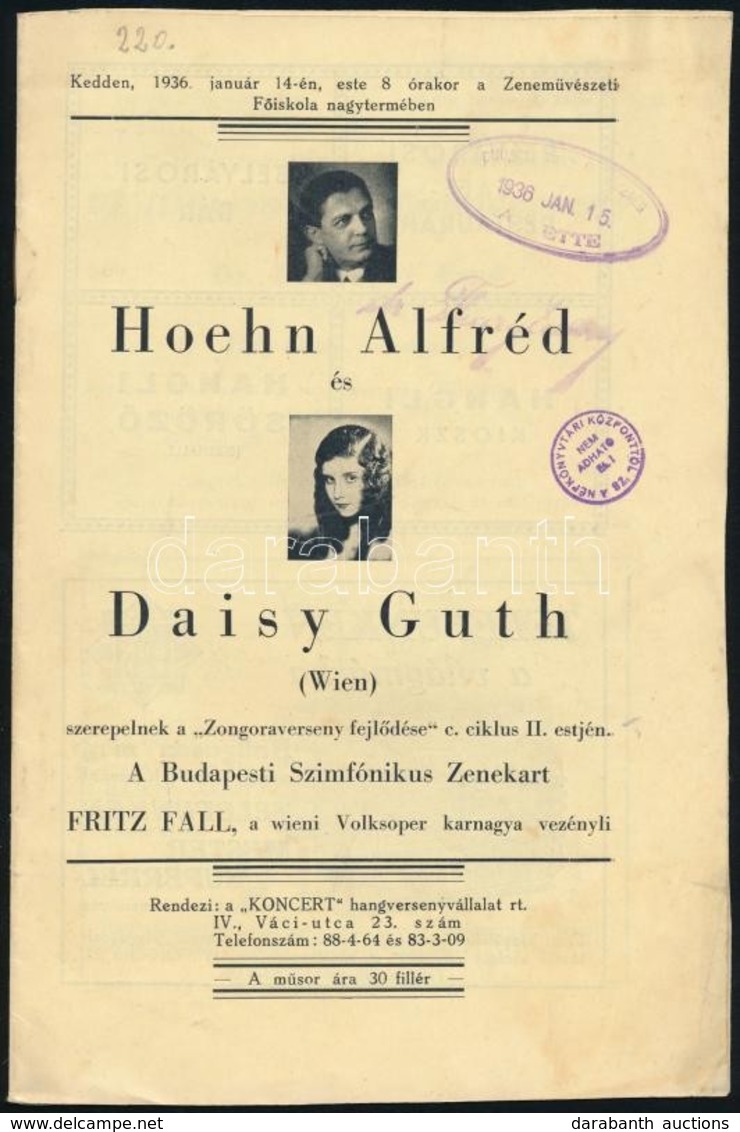 1936 Hoehn Alfréd Ls Daisy Guth Koncertjének Műsora 12p - Autres & Non Classés
