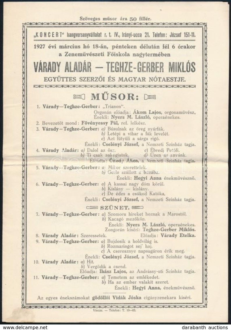 1927 Várady Aladár - Teghze Gerber Miklós Nótaest Programja - Autres & Non Classés