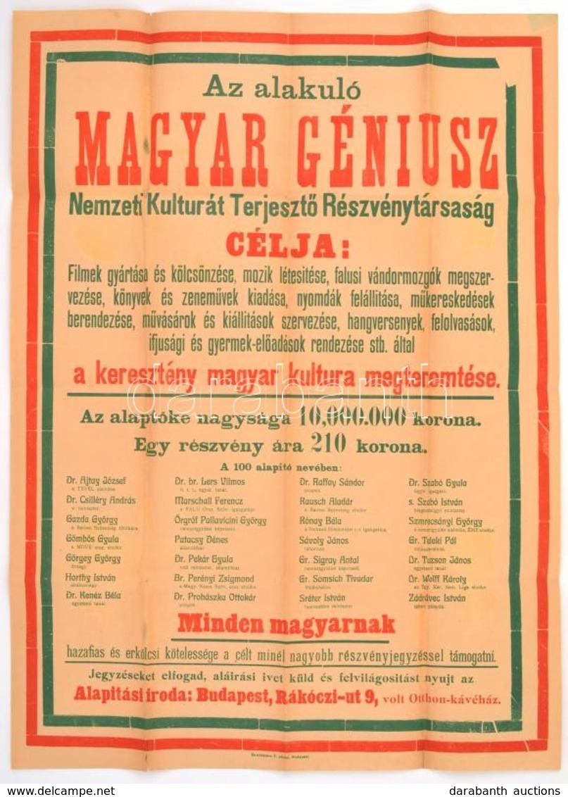 1920 Az Alakuló Magyar Géniusz Nemzeti Kultúrát Terjesztő Részvénytársaság Plakátja, Hajtott, Szakadással, 63×45 Cm - Other & Unclassified