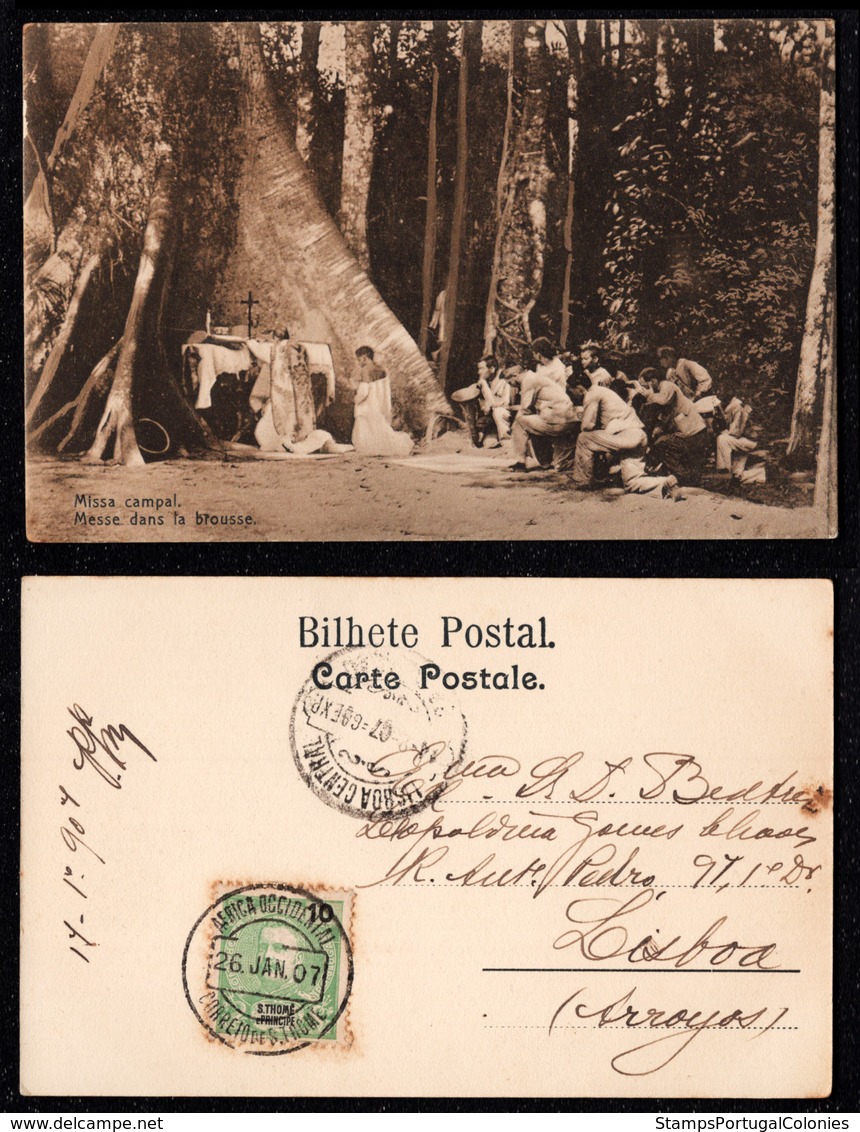 1907 - Portugal Guinea Bissau Postcard Circulated From S. Tomé To Lisbon. Outdoor Mass. Jungle. Trees. 10r Stamp. - Guinea Bissau
