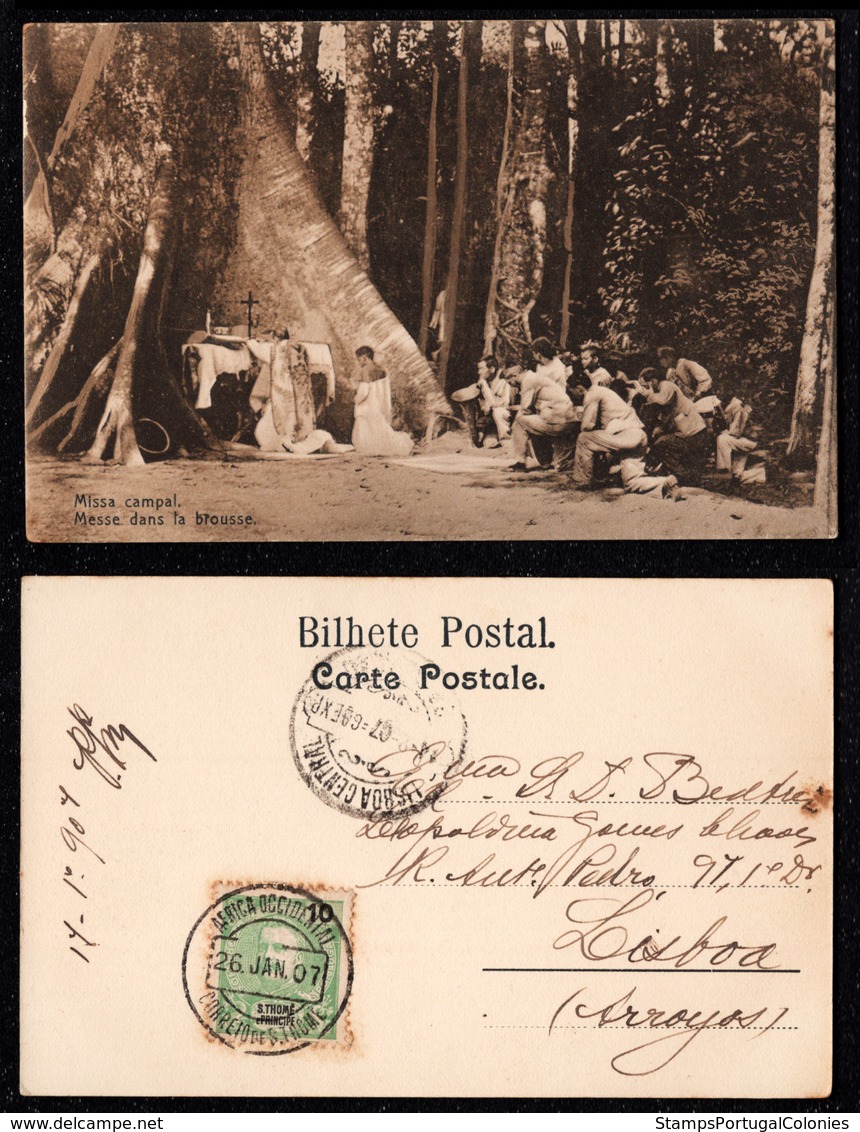 1907 - Portugal Guinea Bissau Postcard Circulated From S. Tomé To Lisbon. Outdoor Mass. Jungle. Trees. 10r Stamp. - Guinea-Bissau