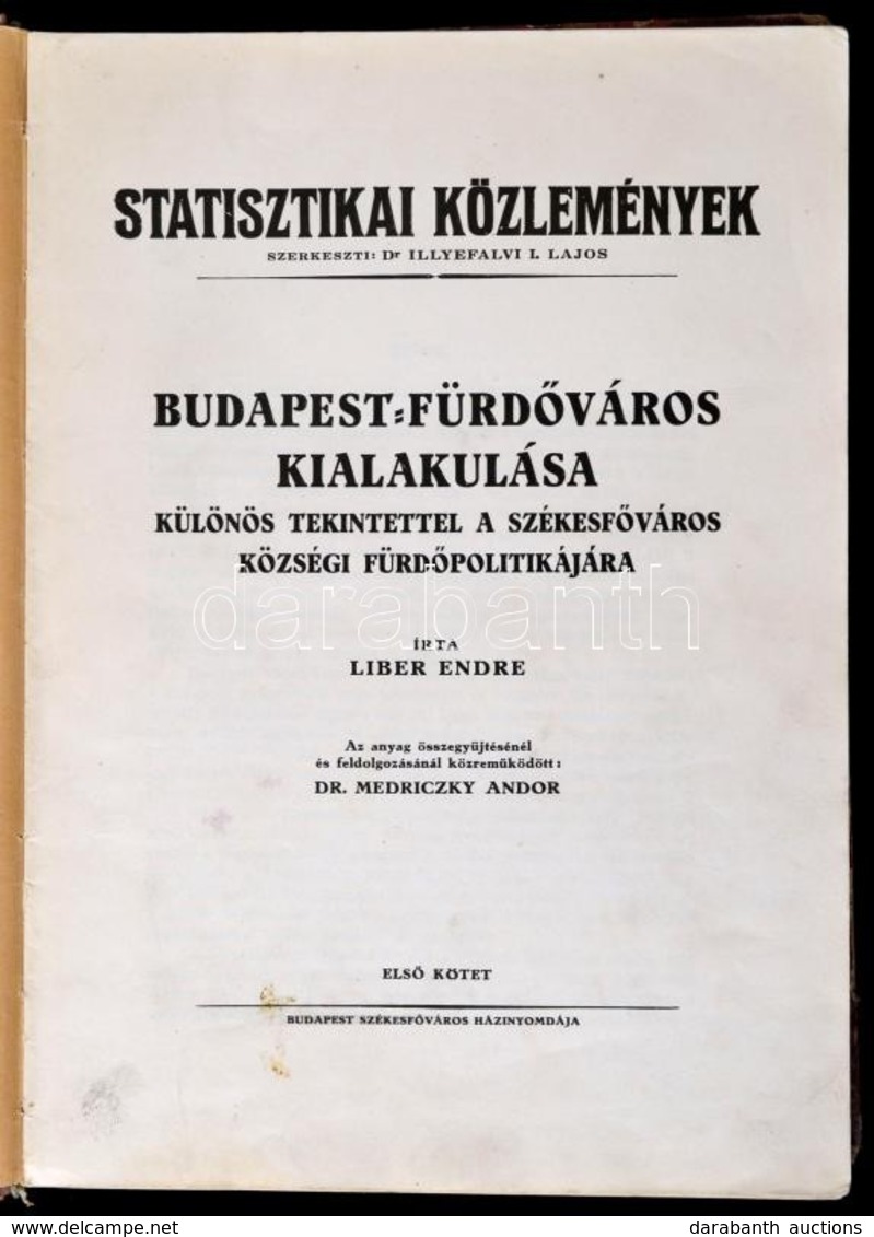 Liber Endre: Budapest-fürdőváros Kialakulása Különös Tekintettel A Székesfőváros Községi Fürdőpolitikájára I.  Bp. (1934 - Non Classés