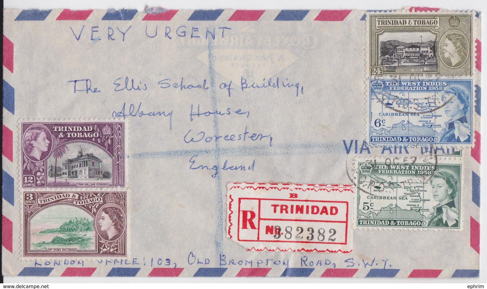 Trinidad And Tobago REgistered Air Mail Cover To Worcester Uk 31.10.1959 - Trinidad & Tobago (...-1961)