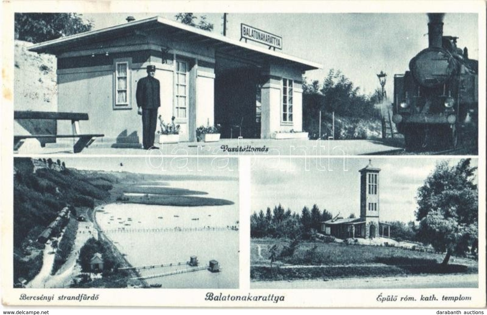T2 1943 Balatonakarattya, Vasútállomás, Gőzmozdony, épülő Római Katolikus Templom, Bercsényi Strandfürdő - Zonder Classificatie