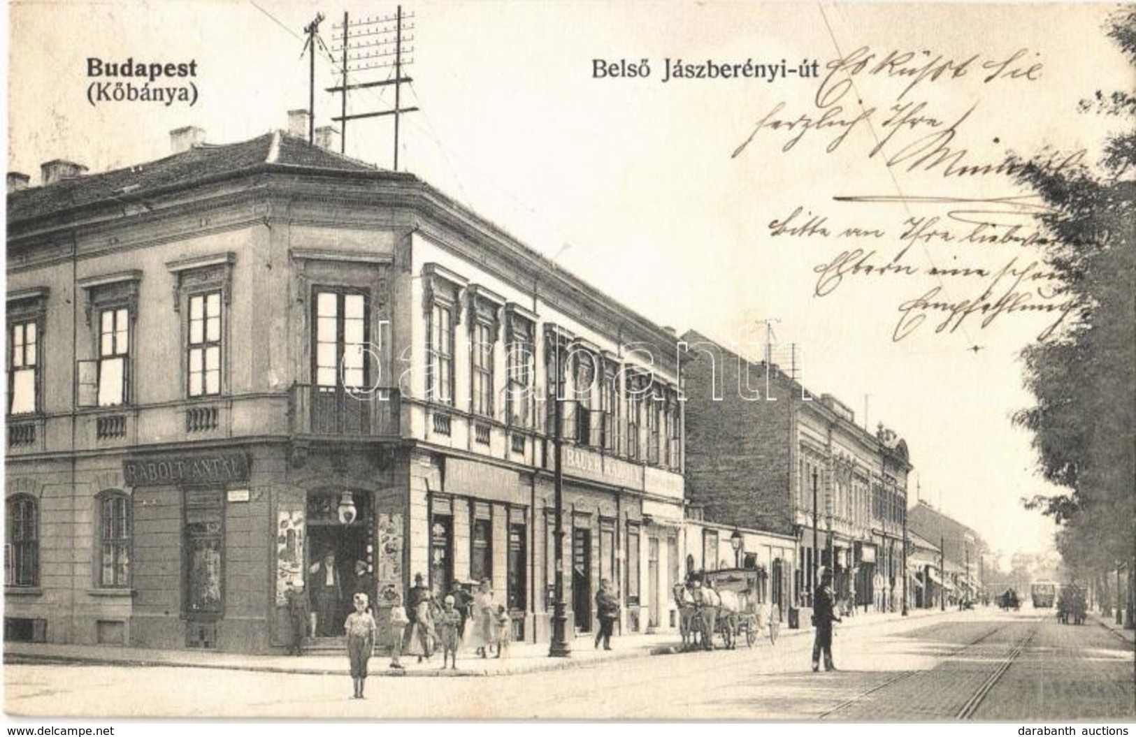 T2/T3 1906 Budapest X. Kőbánya, Belső Jászberényi út, Gebauer Károly üzlete, Villamos, Lovashintó, Rabolt Antal üzlete é - Non Classés
