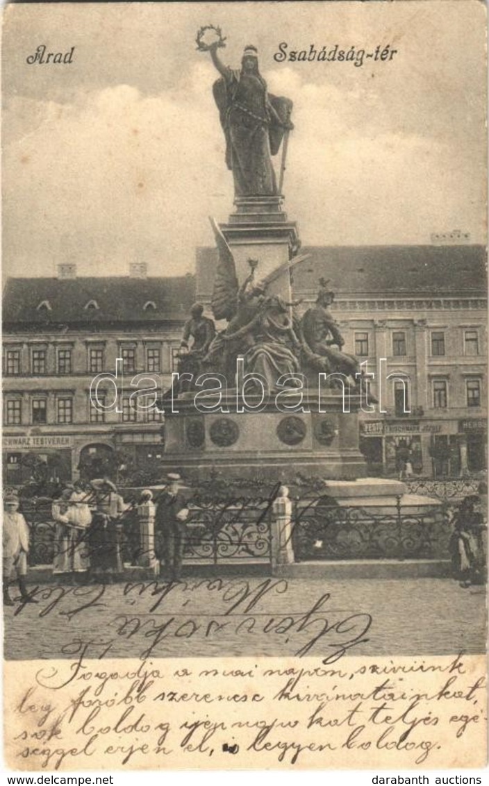 T2/T3 1903 Arad, Szabadság Tér, Vértanú Szobor, Schwarcz Testvérek, Frischmann József üzlete. Kiadja Kerpel Izsó / Squar - Unclassified