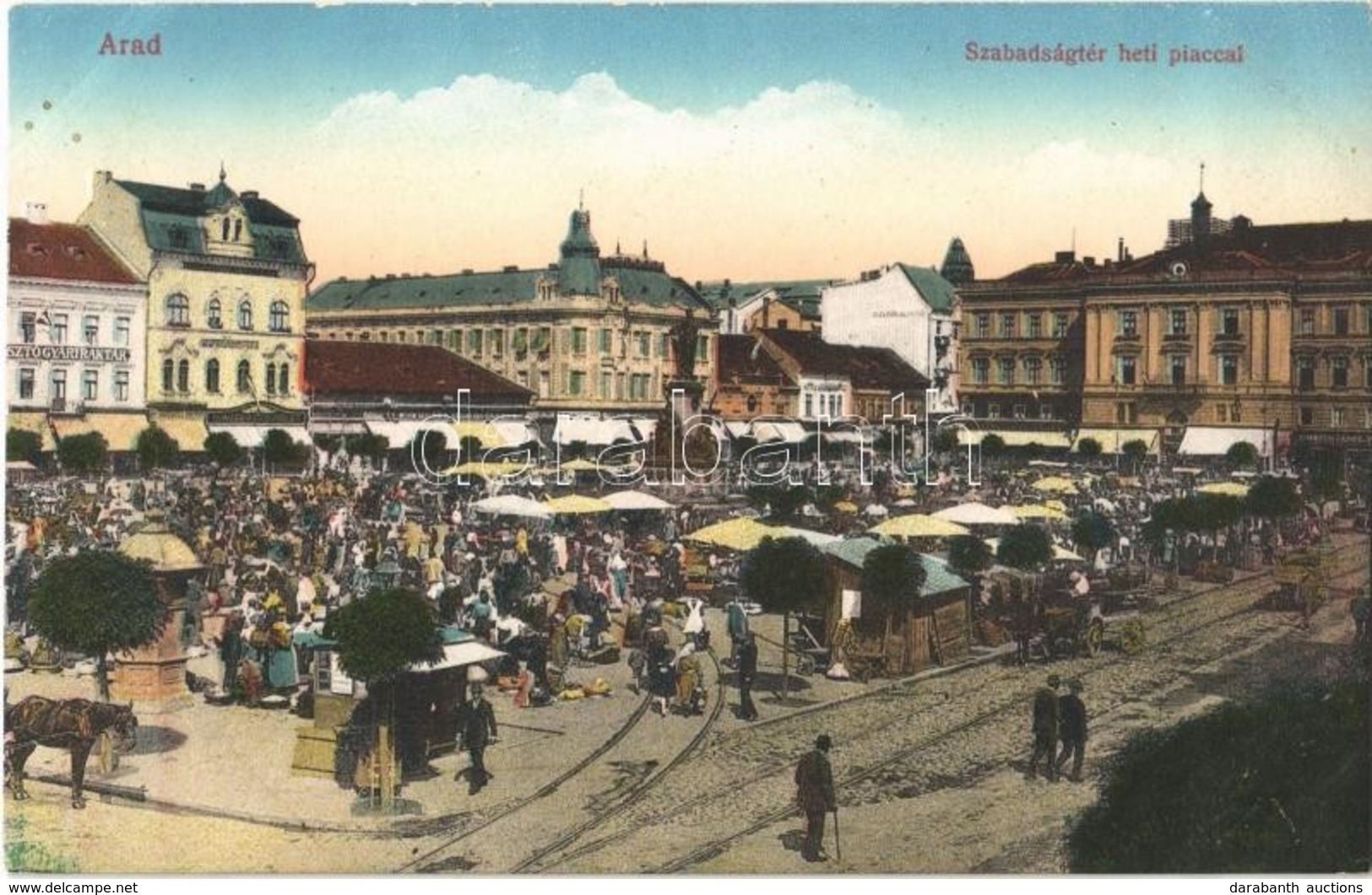 ** T1 Arad, Szabadságtéri Heti Piac, Hungária Cipőgyári Rt., Posztógyári Raktár / Market, Square, Shoe Factory, Shops - Ohne Zuordnung