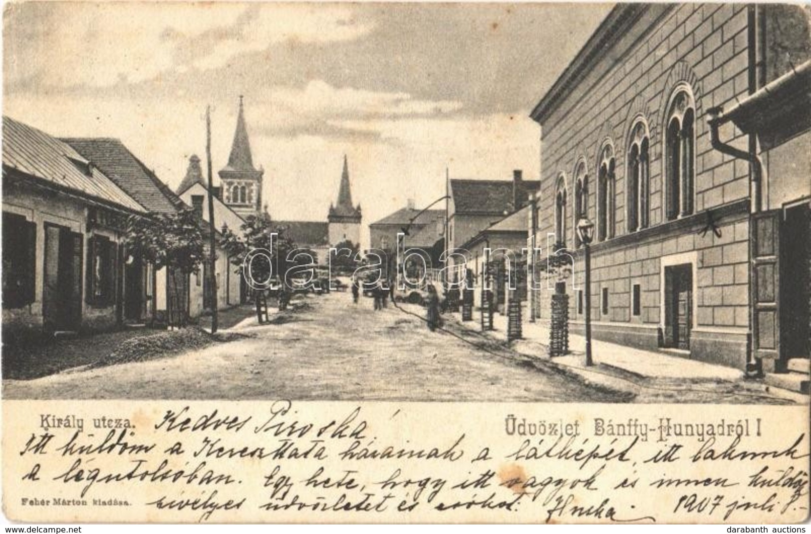 T2/T3 1907 Bánffyhunyad, Huedin; Király Utca. Fehér Márton Kiadása / Street (fa) - Ohne Zuordnung