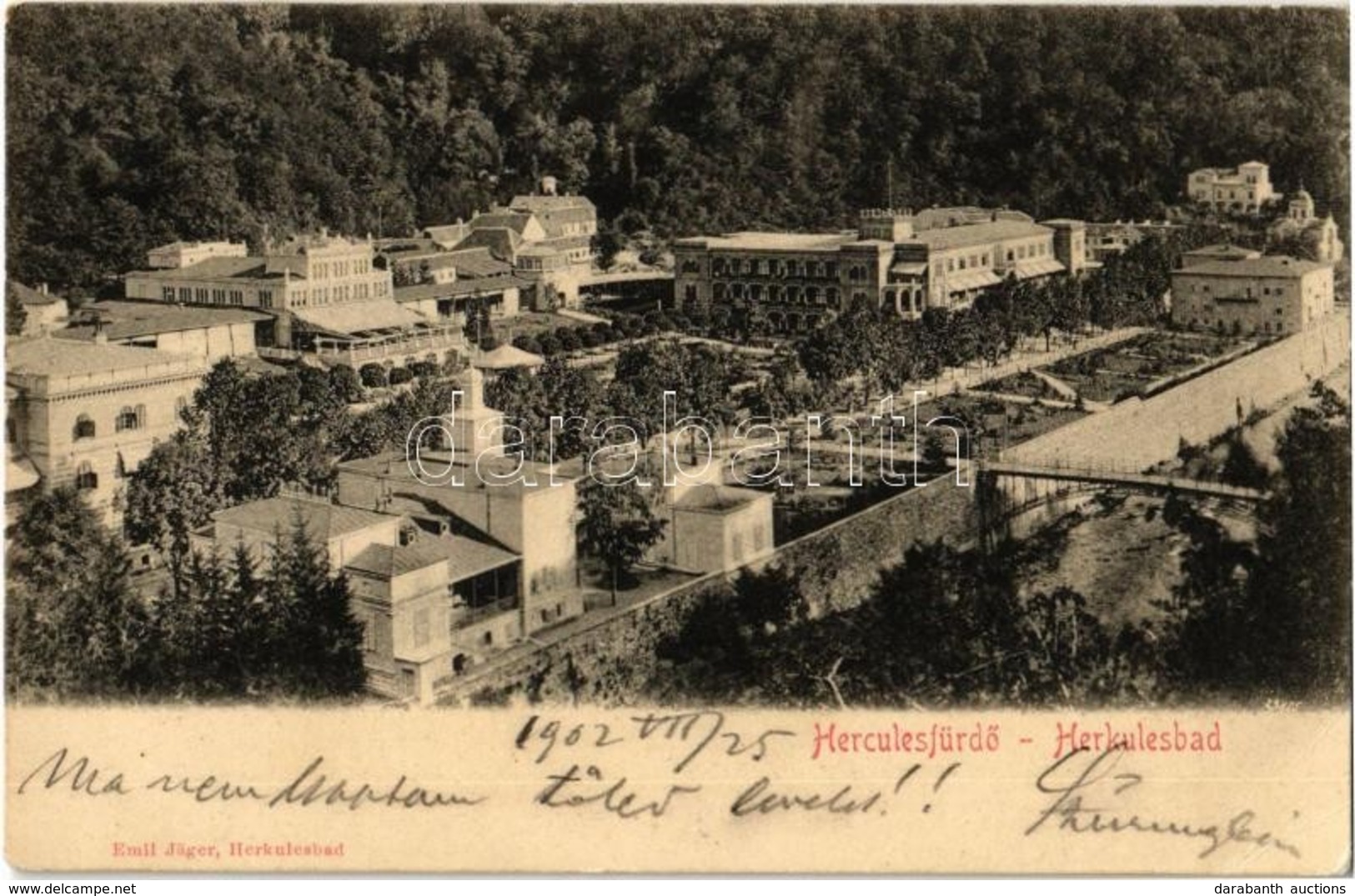 T2/T3 1902 Herkulesfürdő, Herkulesbad, Baile Herculane; Látkép, Híd, Fürdő. Kiadja Emil Jäger / General View, Bridge, Ba - Unclassified