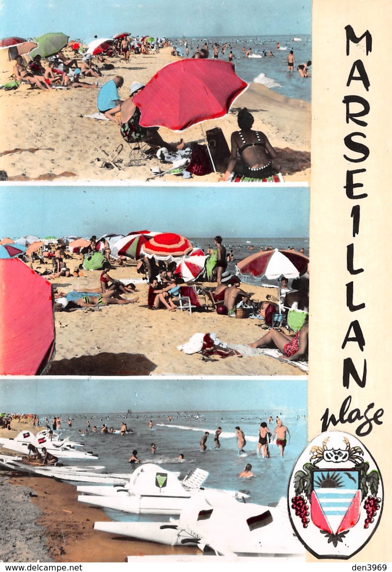 MARSEILLAN-PLAGE - Vues Multiples - Pédalos - Parasols - Blason Crabe - Marseillan