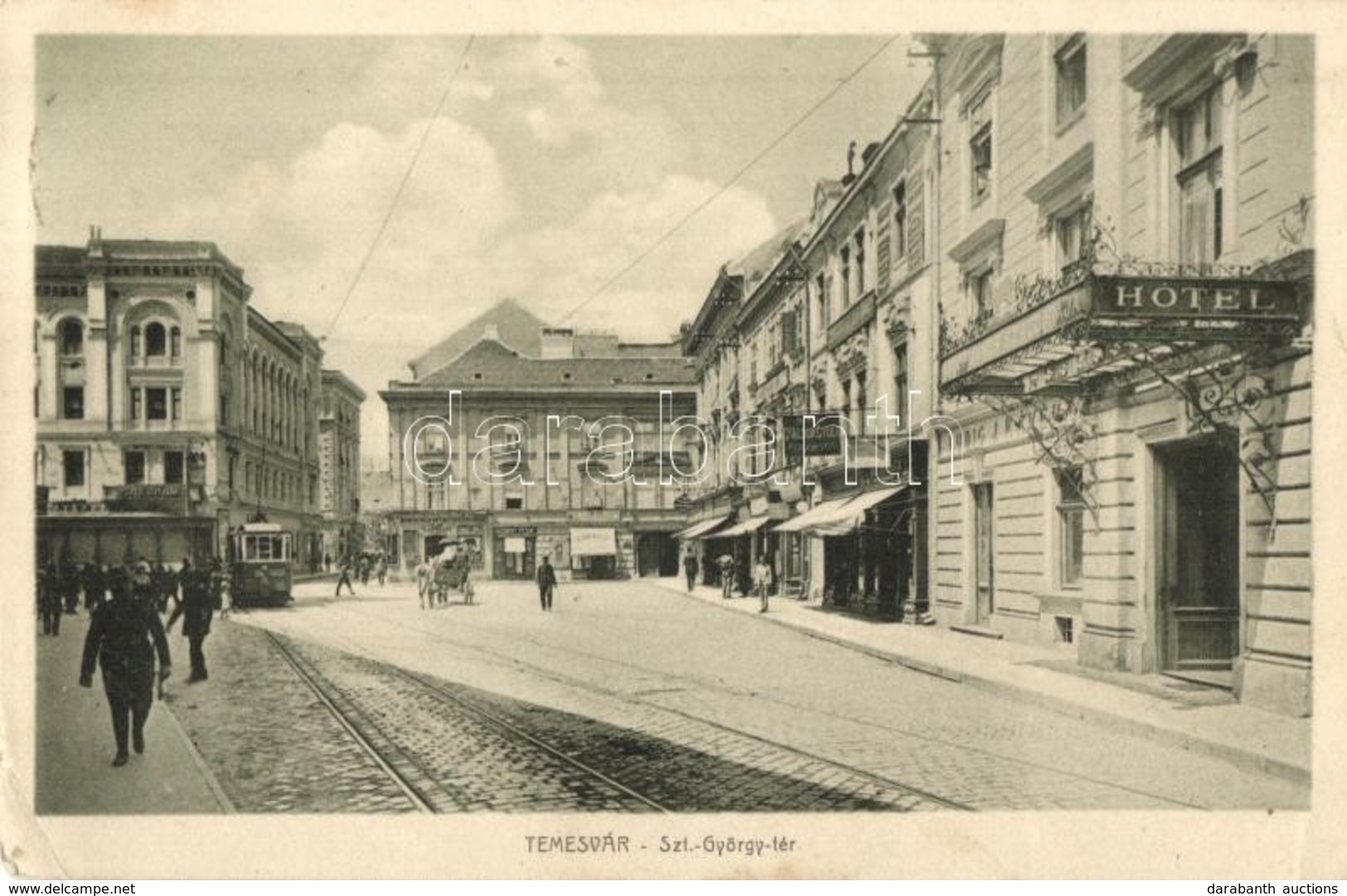 T2/T3 Temesvár, Timisoara; Szent György Tér, Villamos, Ludig Jenő Szállodája és Kávéháza, Dr. Aldor Gyula Fogorvos, Szei - Ohne Zuordnung