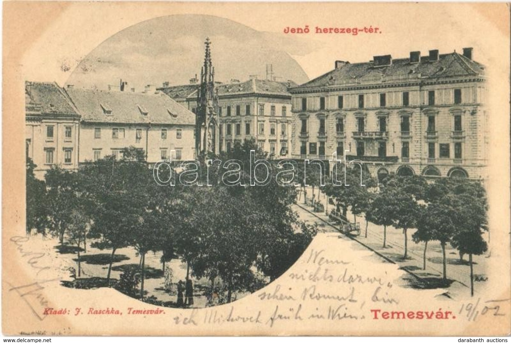 T2 1902 Temesvár, Timisoara; Jenő Herceg Tér, Rukavina Emlékmű, Takarékpénztár, Martin Jakab üzlete. Kiadja J. Raschka / - Ohne Zuordnung