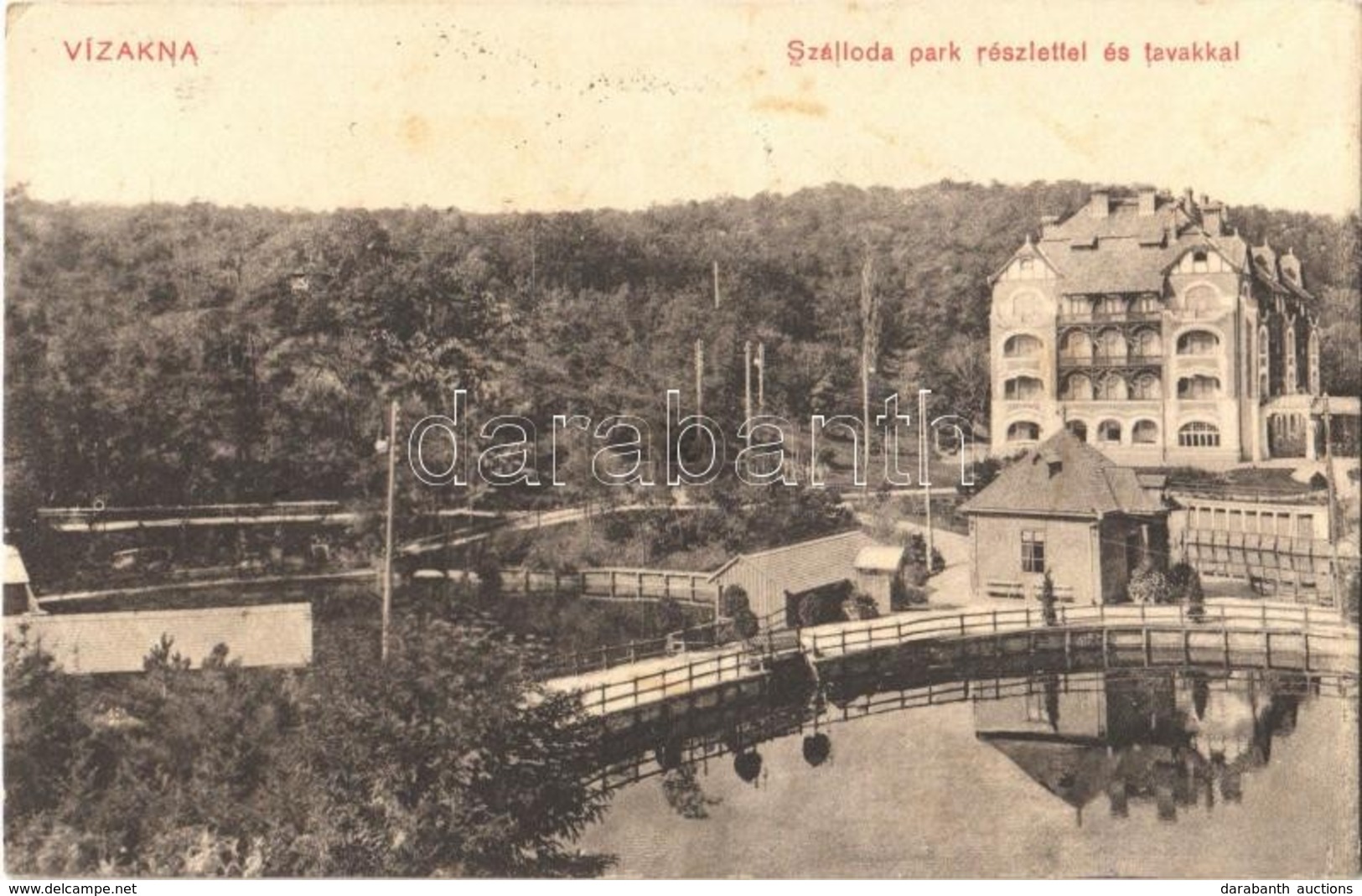 T2/T3 1911 Vízakna, Salzburg, Ocna Sibiului; Szálloda Park Részlettel és Tavakkal. Takács Jenő Kiadása / Hotel, Park, La - Ohne Zuordnung