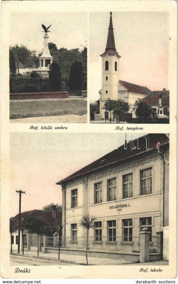 ** T2/T3 Deáki, Diakovce; Református Templom, Iskola és Hősök Szobra / Calvinist Church, School And Military Heroes Stat - Ohne Zuordnung