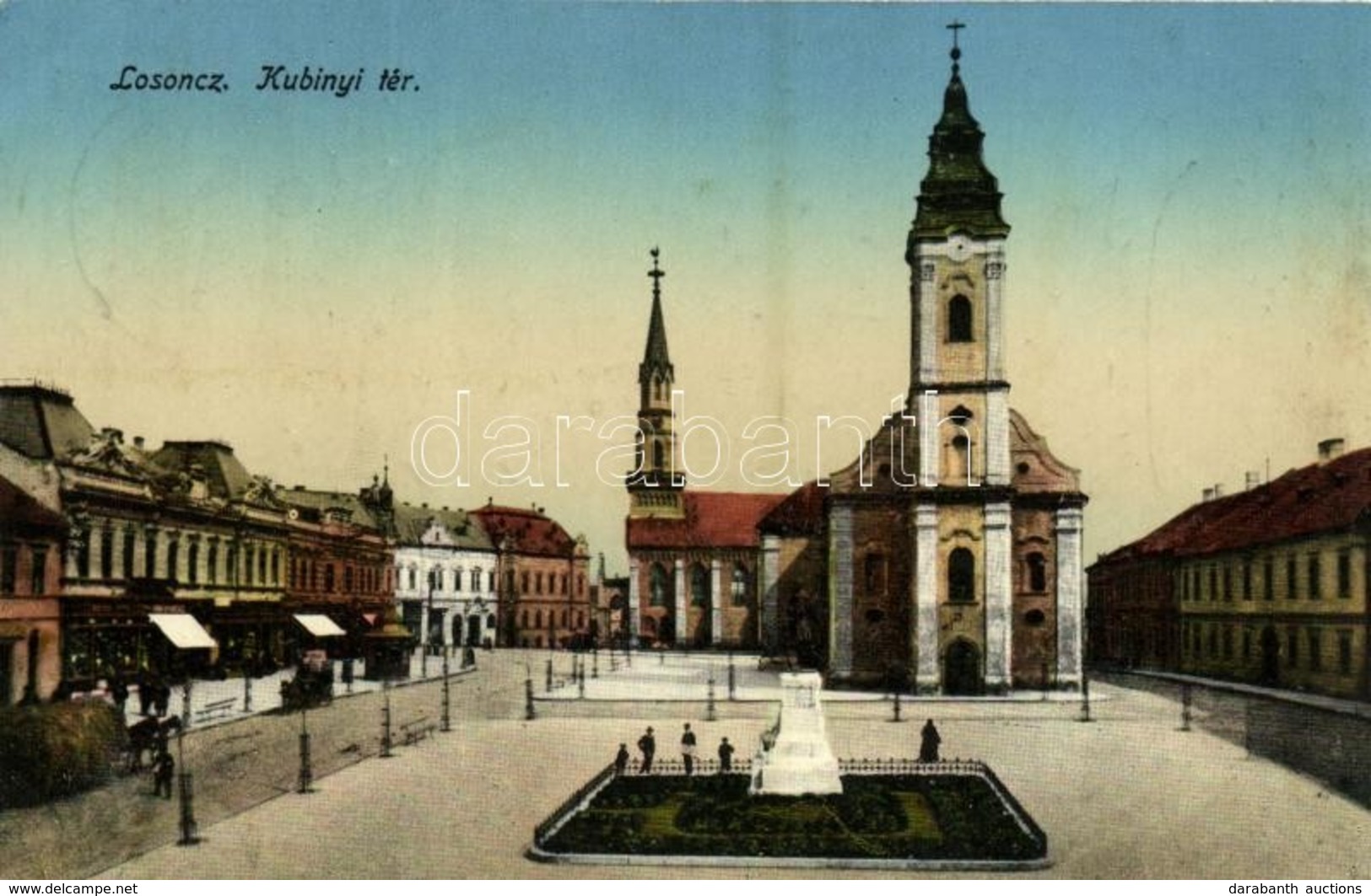 T2 1915 Losonc, Lucenec; Kubinyi Tér, Református Templom, Katolikus Templom, üzletek / Square, Calvinist Church, Catholi - Ohne Zuordnung