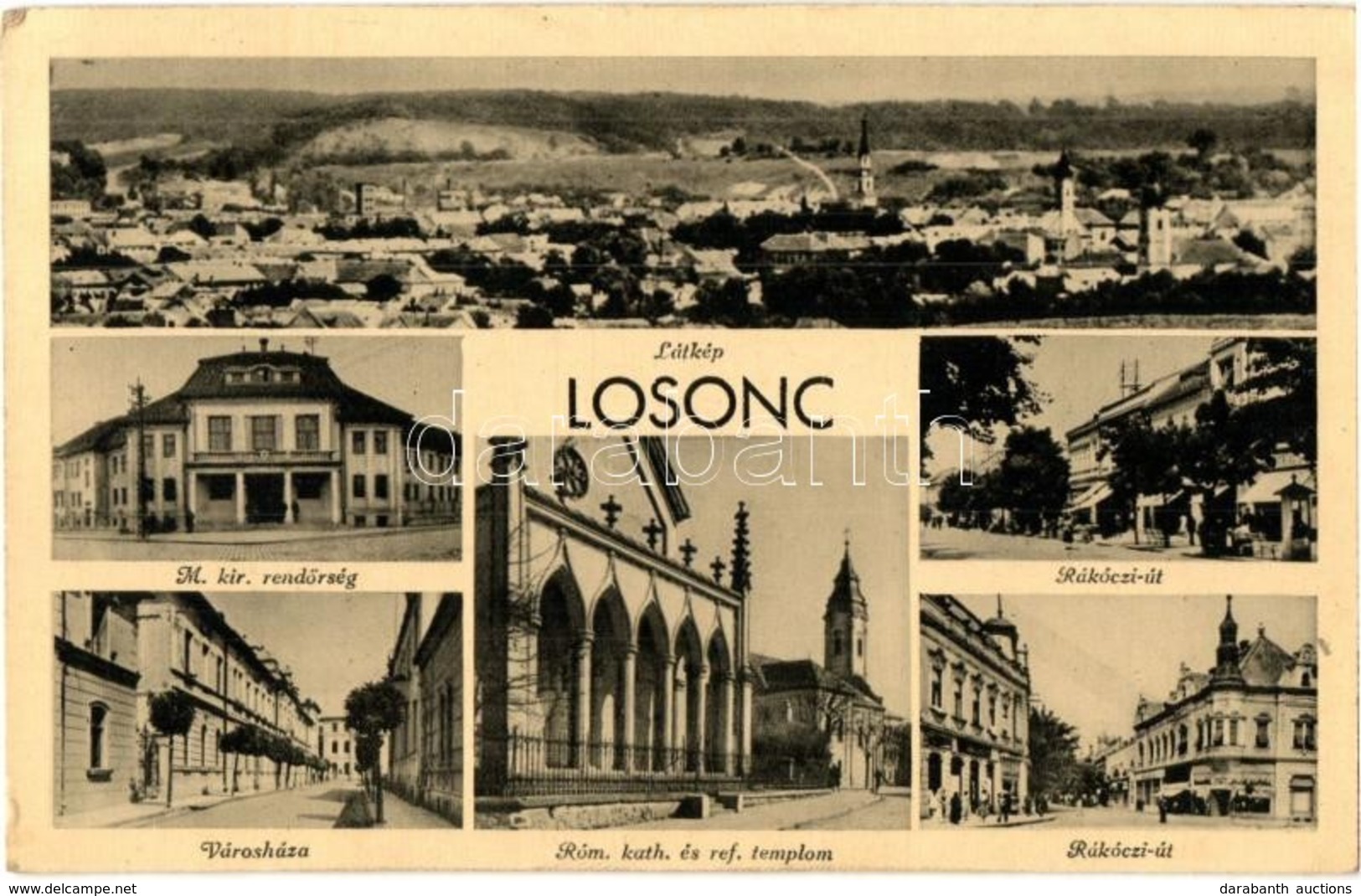 T2/T3 Losonc, Lucenec; Rendőrség, Városháza, Rákóczi út, Római Katolikus és Református Templomok / Police Station, Town  - Non Classés