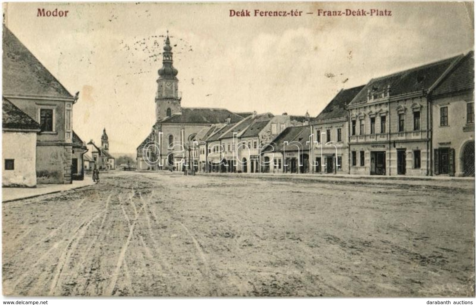 T2/T3 1912 Modor, Modra; Deák Ferenc Tér, Posta Szálloda, üzletek, Templom. Kiadja May Samu / Square, Hotel, Shops, Chur - Non Classés