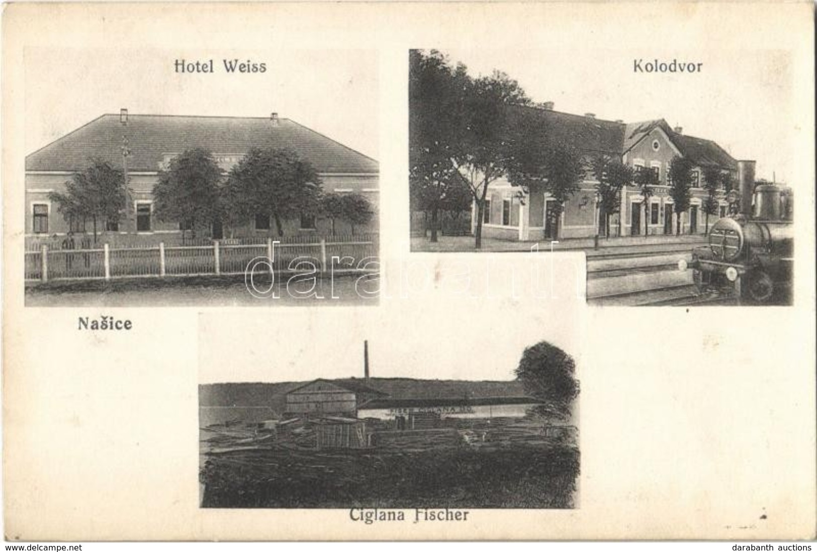 T2 1915 Nekcse, Nasice; Hotel Weiss, Kolodvor, Ciglana Fischer / Weiss Szálloda, Vasútállomás, Gőzmozdony, Téglagyár. Ki - Sonstige & Ohne Zuordnung