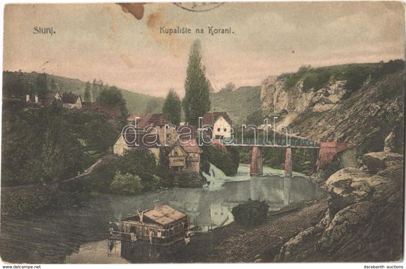 T2/T3 Szluin, Slunj; Kupaliste Na Korani. Naklada R. Kovacevic / Fürdő A Korana Folyón, Híd, Fürdőzők / Bath, Bridge, Ba - Autres & Non Classés