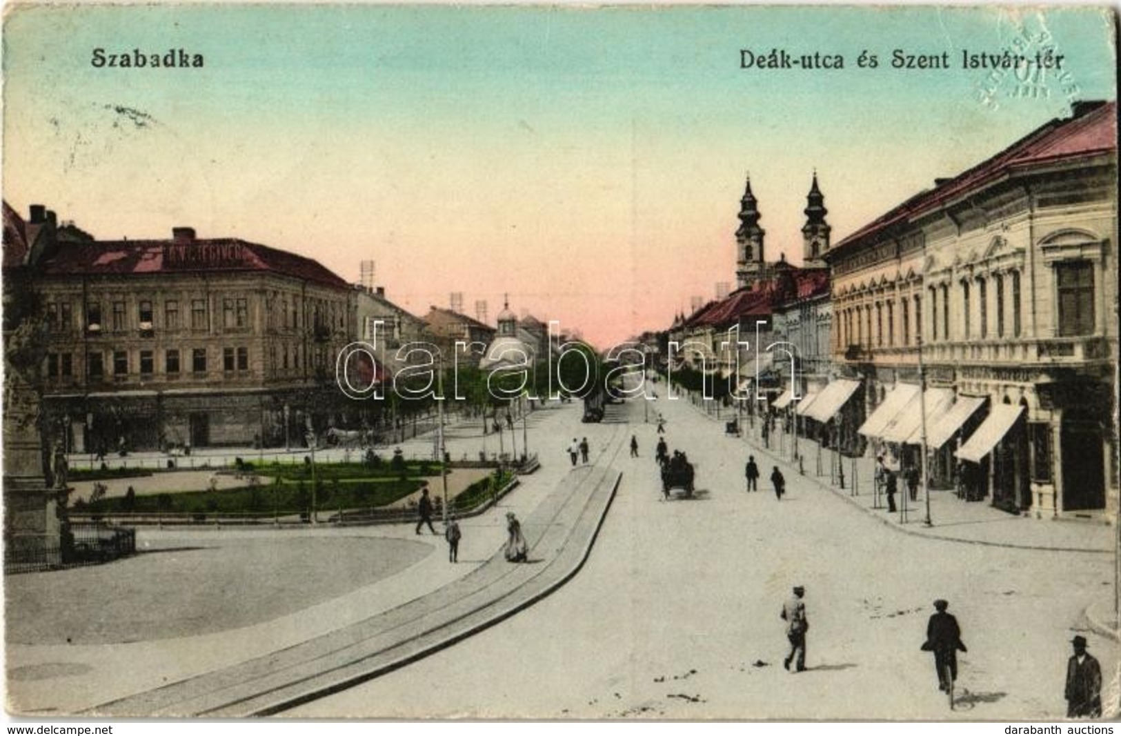 T2/T3 1914 Szabadka, Subotica; Deák Utca és Szent István Tér, üzletek, Villamossín. Kiadja Lipsitz / Street View, Square - Ohne Zuordnung