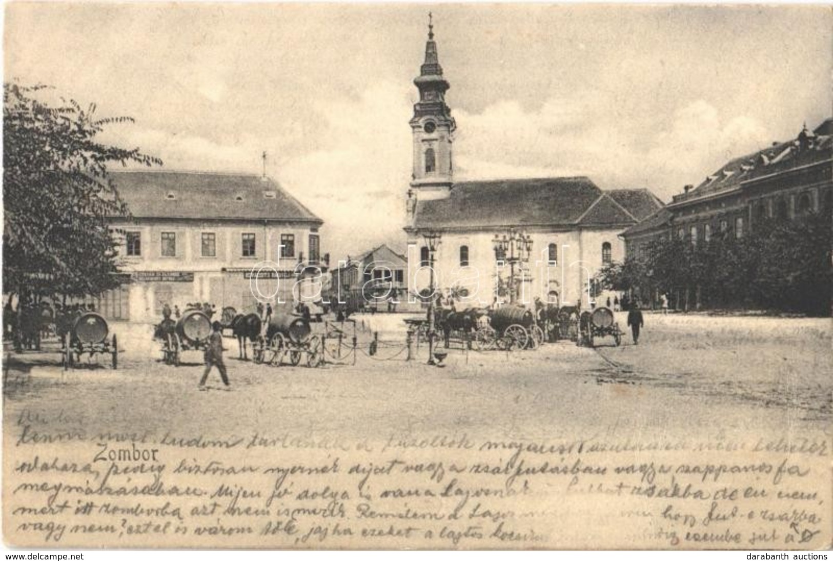 * T3/T4 1904 Zombor, Sombor; Fő Tér, Templom, Lovakocsik Hordókkal, Kovacsovits Radivoj üzlete / Main Square, Church, Sh - Ohne Zuordnung