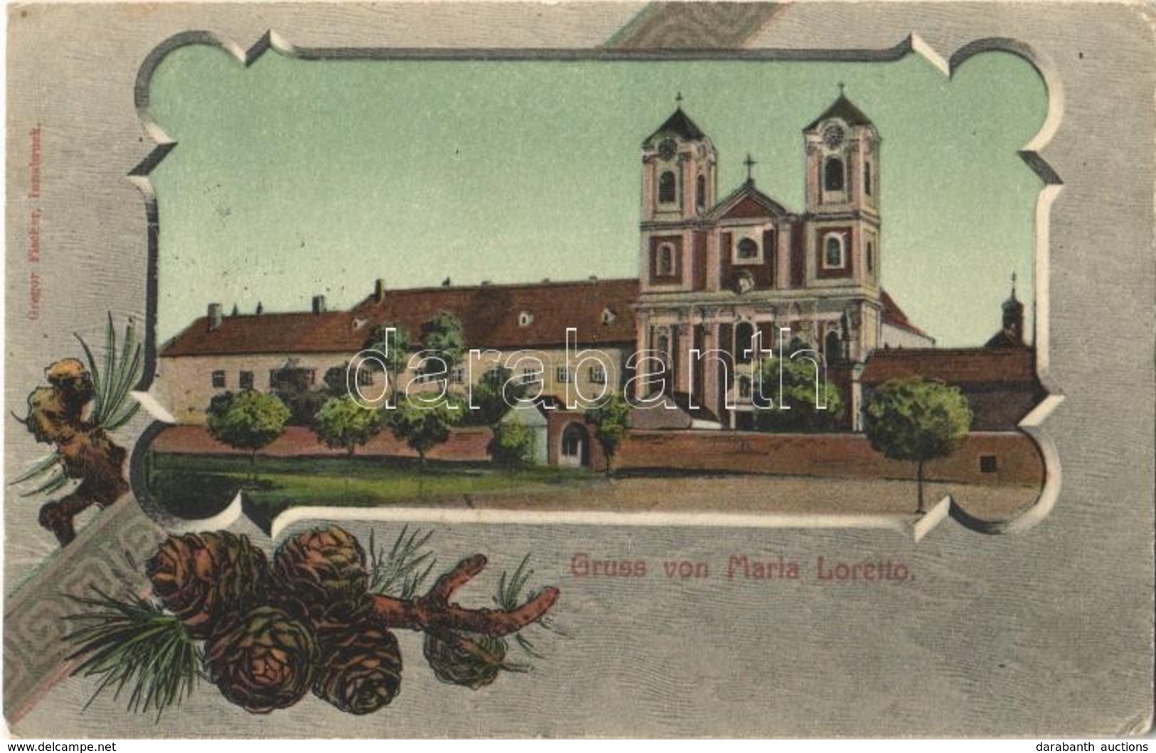 T2 1907 Lorettom, Loretto; Gruss Von Maria Kirche. Gregor Fischer / Templom / Church. Art Nouveau, Floral - Non Classés