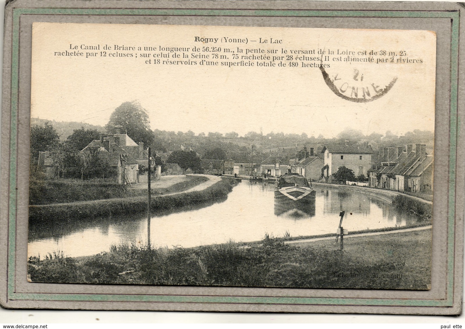 CPA - ROGNY (89) -Aspect Du Canal De Briare, De La Péniche Et Des Chemins De Halage En 1921 - Altri & Non Classificati