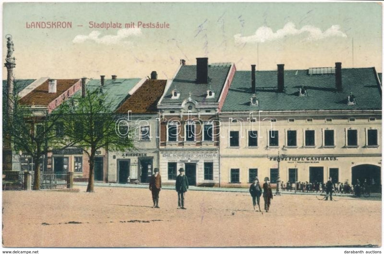 T2/T3 1916 Landskron (Villach), Stadtplatz Mit Pestsäule / Square, Plague Column, Shop Of J. Niedesle, Emil Schmeiser's  - Autres & Non Classés