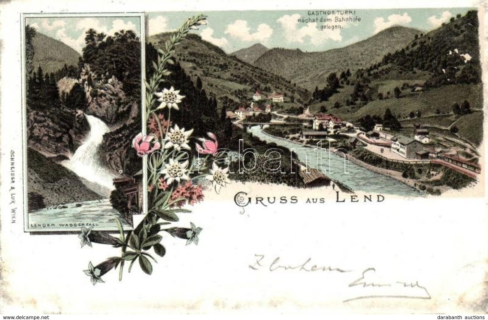 T2 Lend, Lender Wasserfall, Gasthof Turri, Bahnhof / Waterfall, Guest House, Railway Station, Floral, Litho - Autres & Non Classés