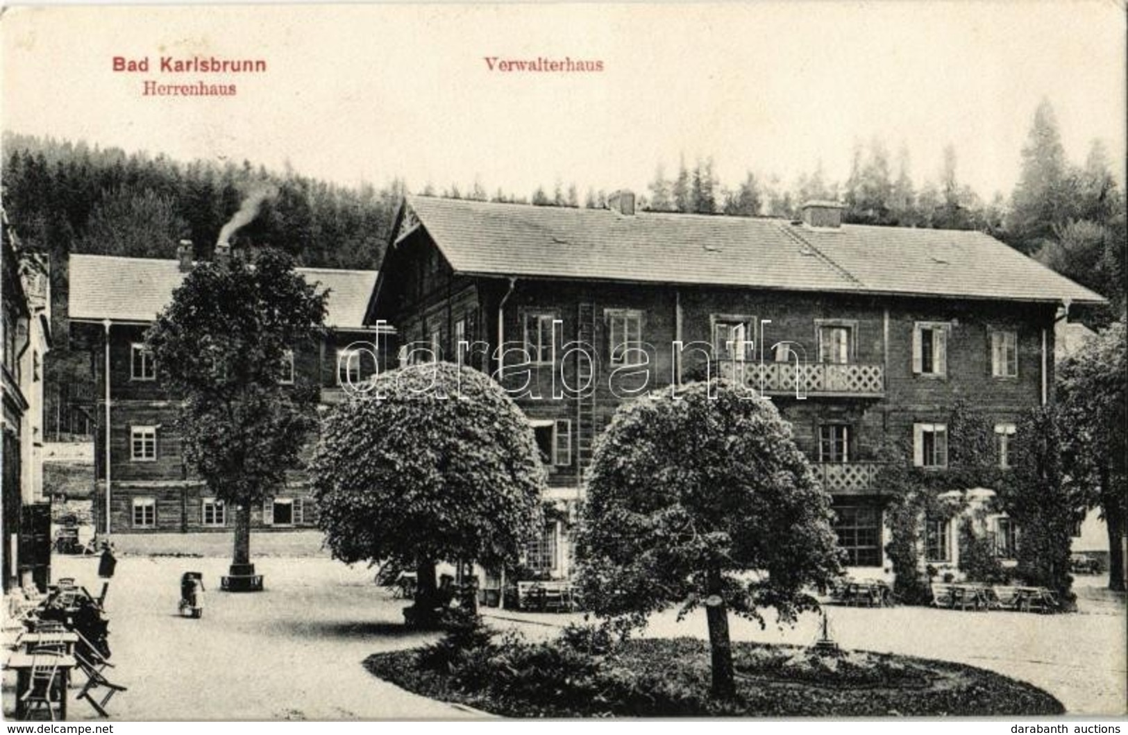 T2 1909 Karlova Studánka, Bad Karlsbrunn; Herrenhaus, Verwalterhaus. Verlag W. Krommer / Manor House, Caretaker's House - Ohne Zuordnung