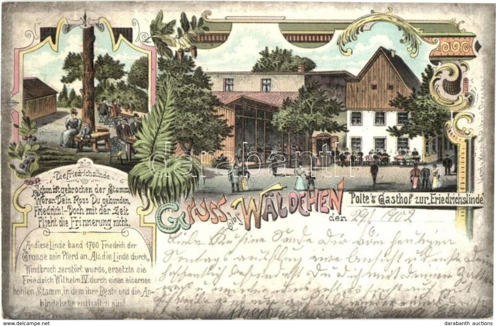 T2/T3 1902 Podlesie, Wäldchen; Polte's Gasthof Zur Friedrichslinde / Guest House, Restaurant. Art Nouveau, Floral, Litho - Andere & Zonder Classificatie
