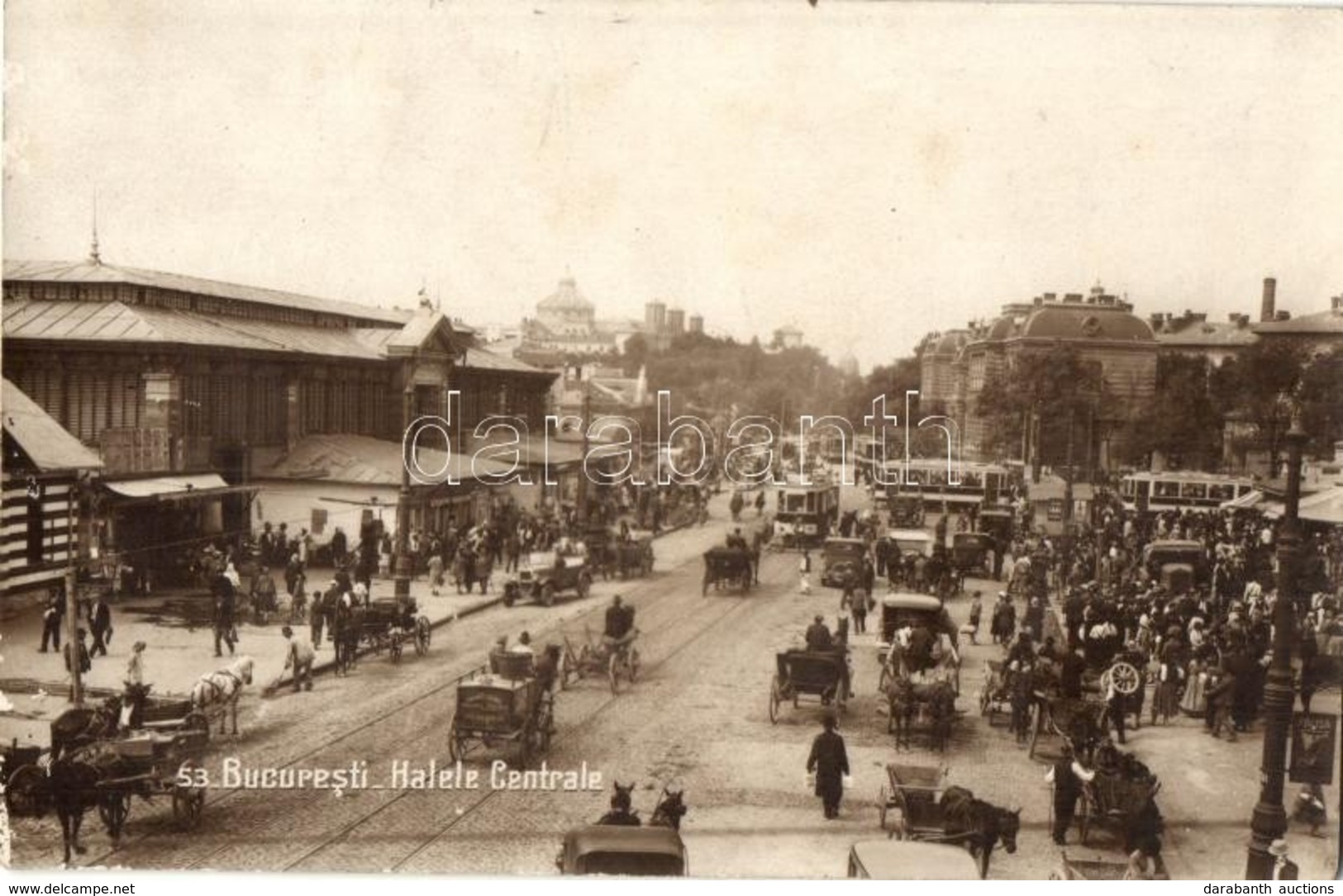 * T2/T3 Bucharest, Bucuresti; Halele Centrale / Street View With Trams, Horse Carts And Automobiles  (Rb) - Andere & Zonder Classificatie