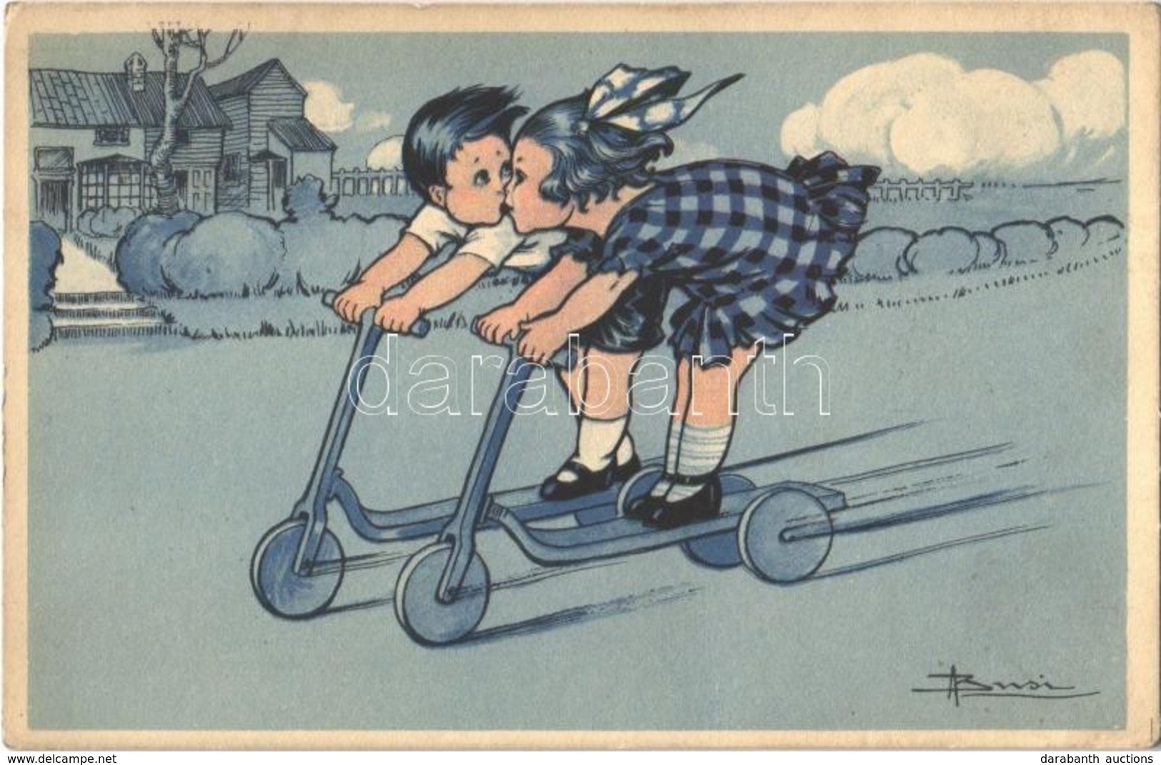 * T2 Children Kissing On Kick Scooters. Italian Art Postcard. Anna & Gasparini 541-1. S: Busi - Unclassified